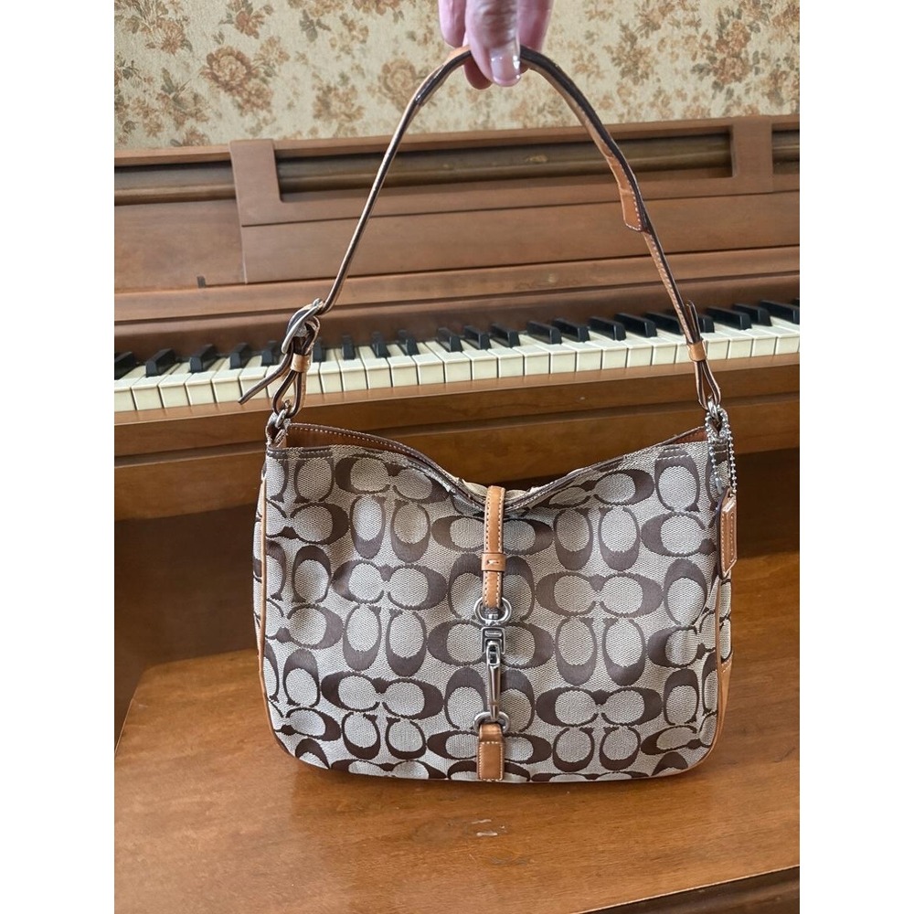 Coach Y2K Signature C Jacquard Hobo Shoulder Bag Tan Leather Silver Hardware